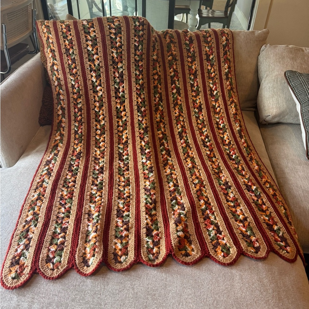 Vintage Handmade Crochet Afghan Blanket Scalloped Granny Stripe Throw Boho Retro